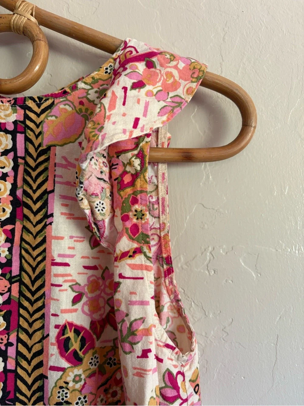 Free People Pink Floral Summer In Tulum Ruffle Mini Dress Linen Tie Back Size S